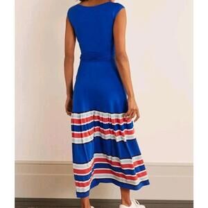 Boden‎ Mila Trim Tiered Jersey Dress 14L Blue Tie Waist Striped Bottom Nautical